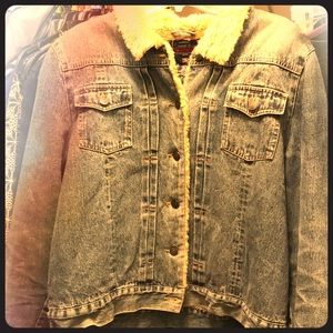 Medium wash faux-fur lined denim jacket